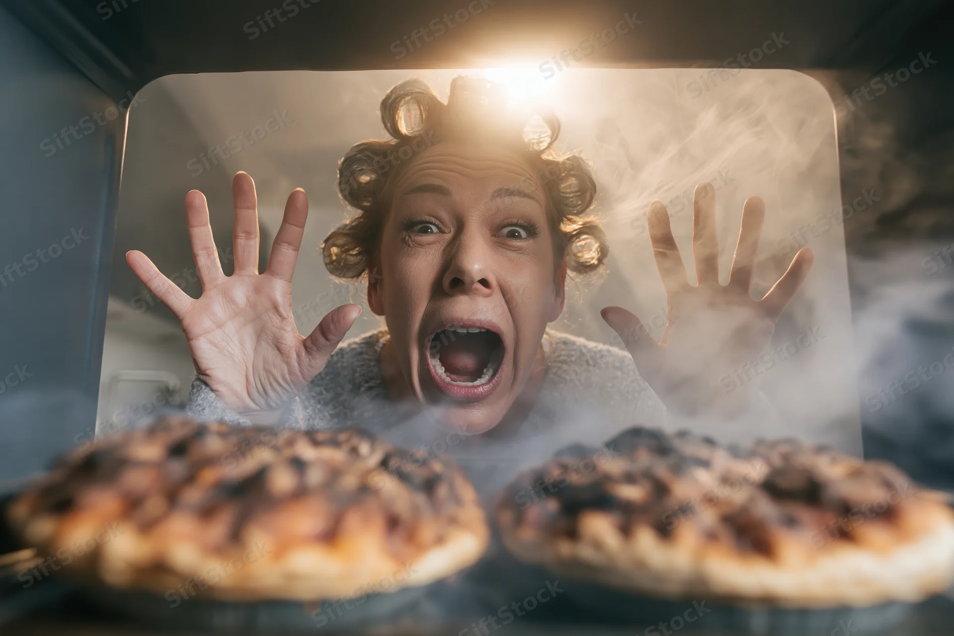Woman with hair curlers screaming in horror at burnt pizzas inside oven