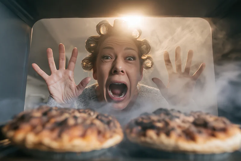 Woman with hair curlers screaming in horror at burnt pizzas inside oven