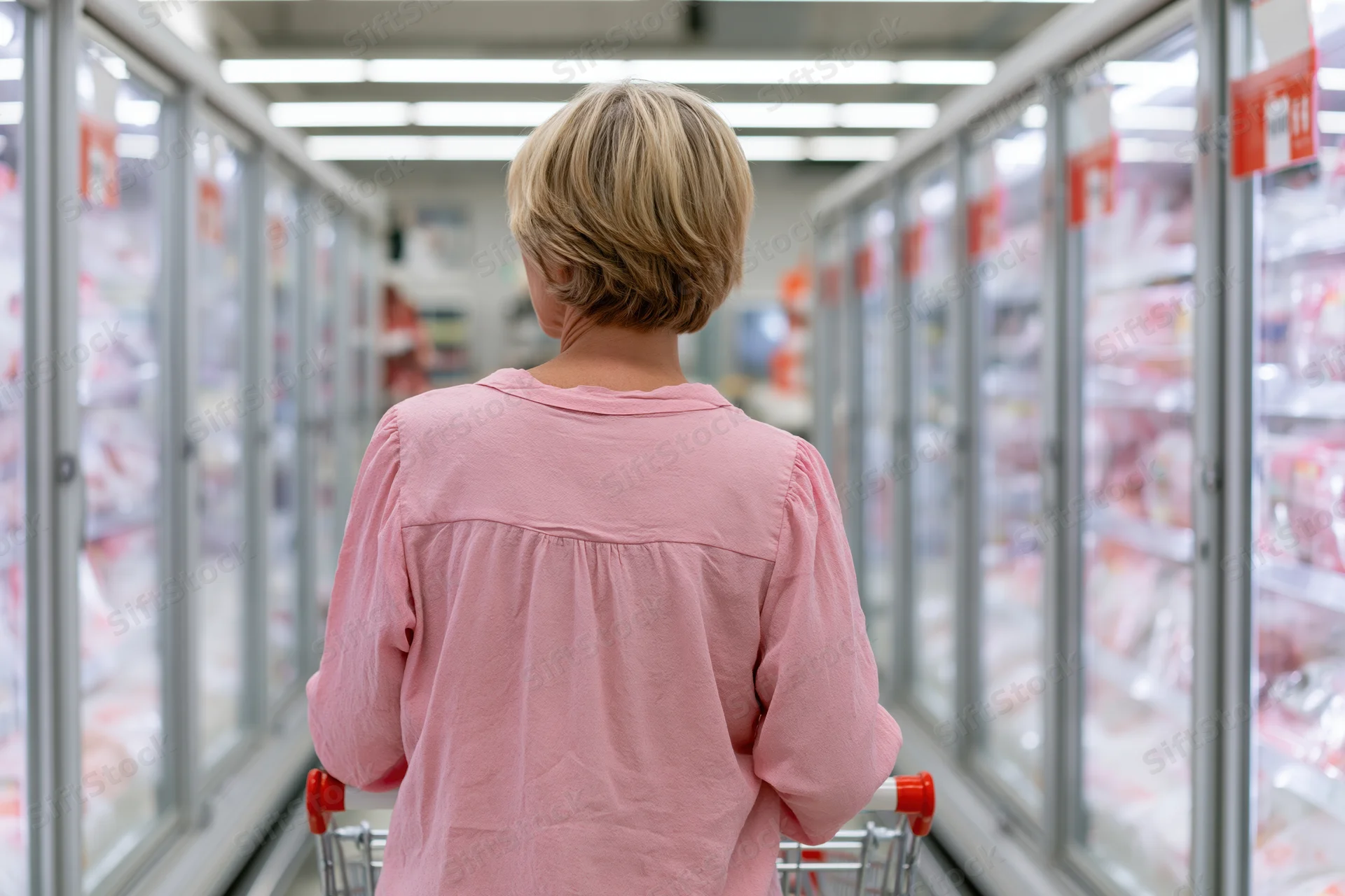 Woman pushing shopping cart down refrigerated aisle in supermarket