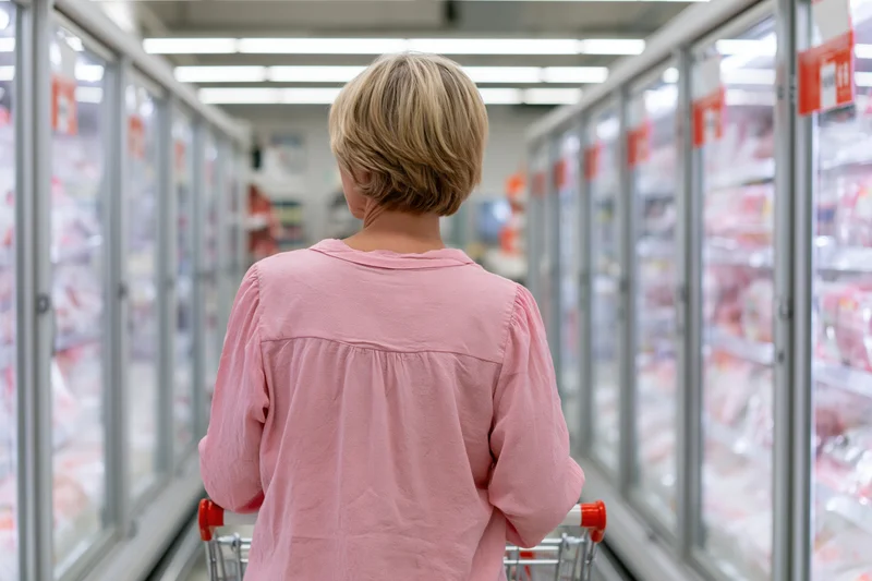 Woman pushing shopping cart down refrigerated aisle in supermarket