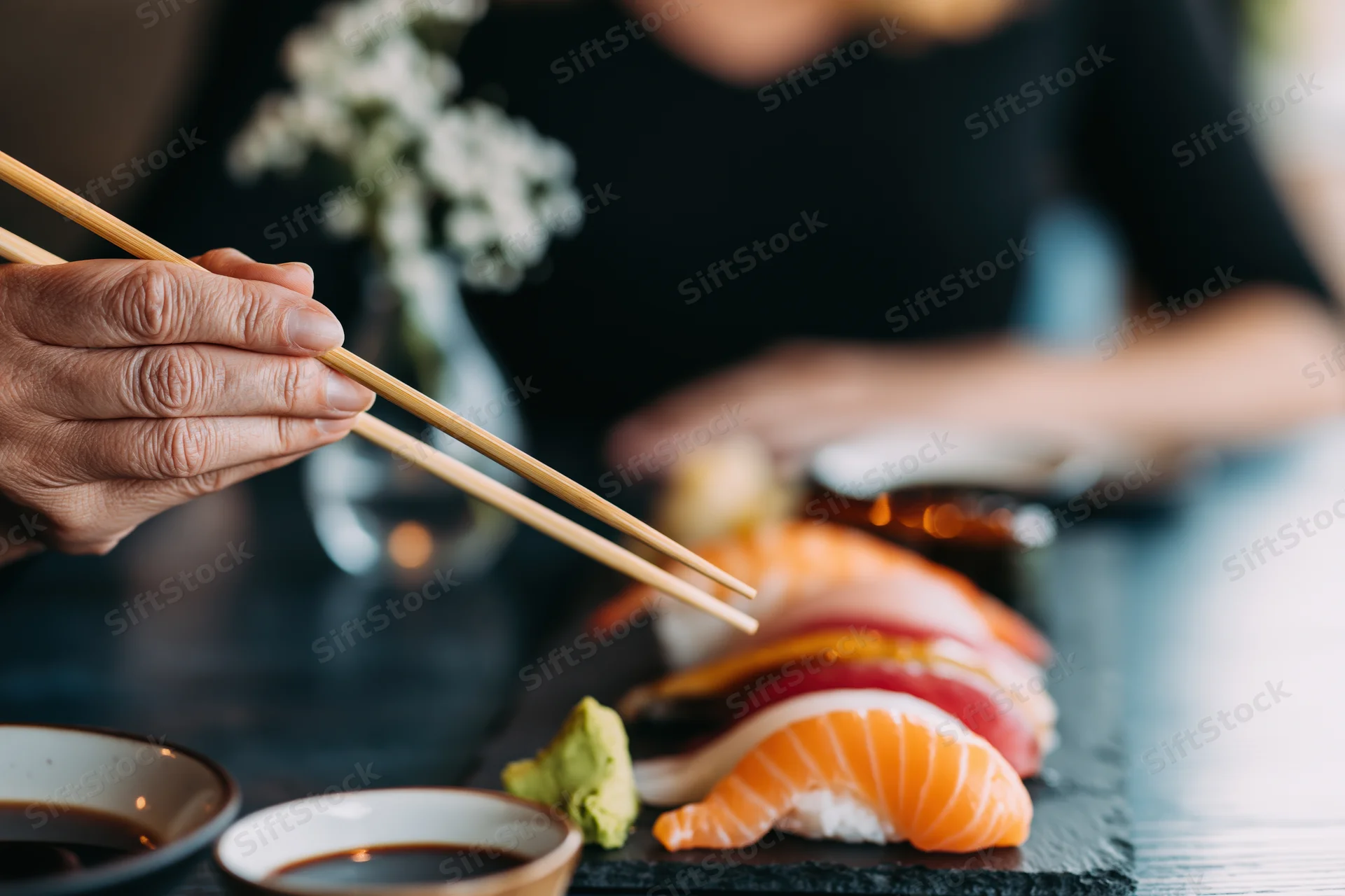 Woman’s hand holding wooden chopsticks reaching toward sushi on a slate plate at a restaurant table