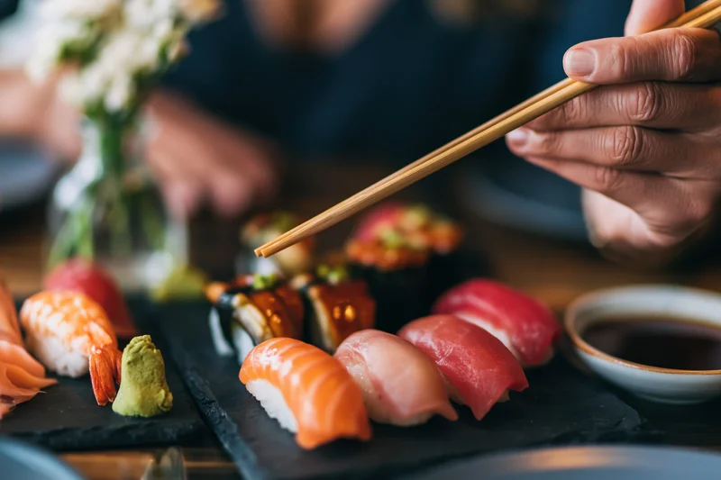 Woman's hand holding wooden chopsticks reaching toward sushi on a slate platter at a dining table