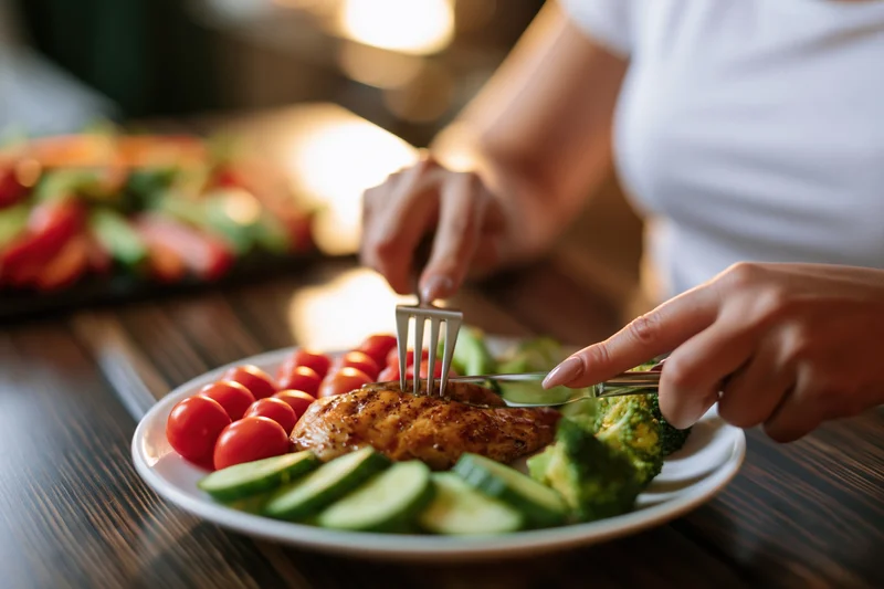 Woman cutting grilled chicken breast on a plate with vegetables at a wooden table