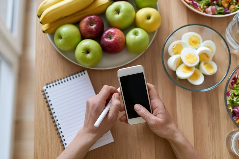 Hands writing in a spiral notepad while holding a smartphone at a breakfast table with fruit, eggs and salad