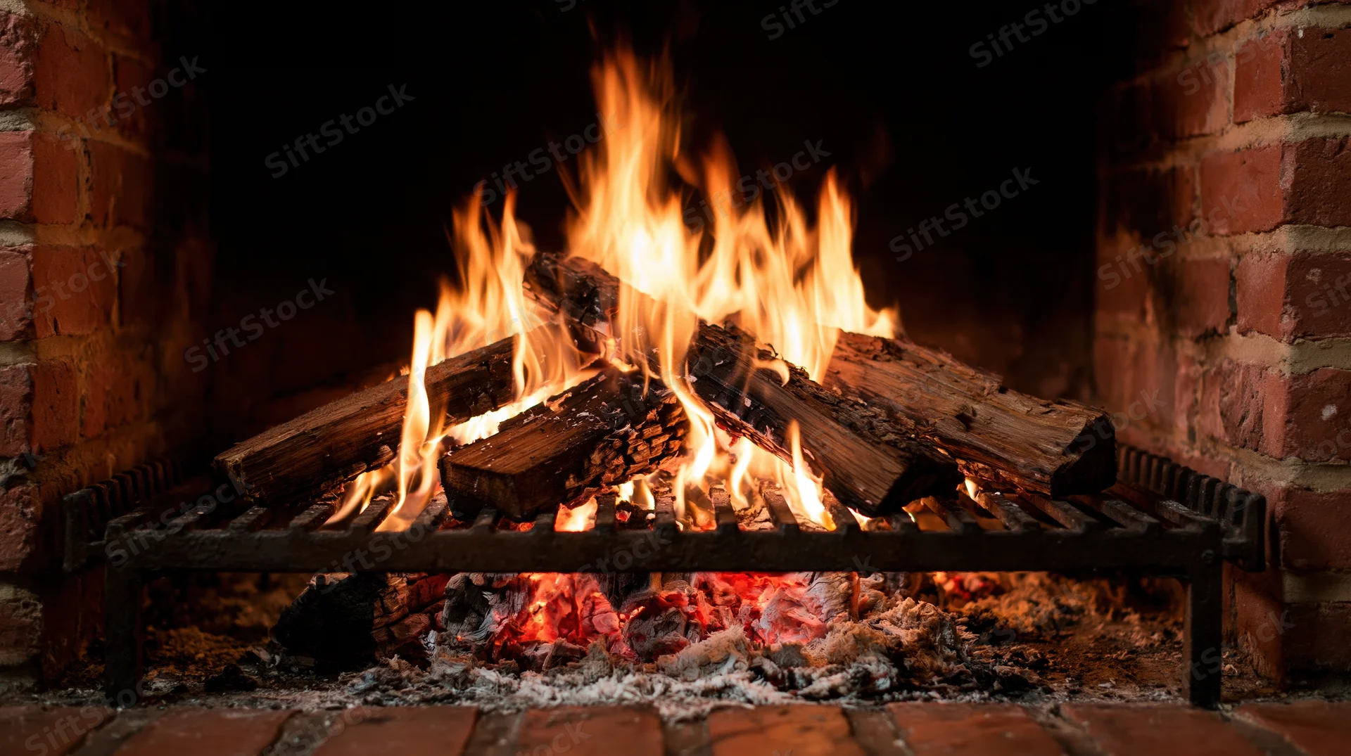 Wood logs burning on a cast iron grate inside a brick fireplace