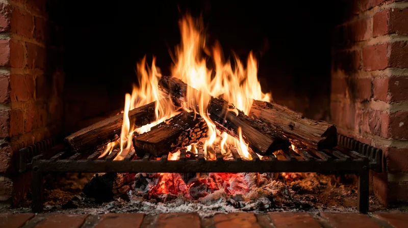 Wood logs burning on a cast iron grate inside a brick fireplace