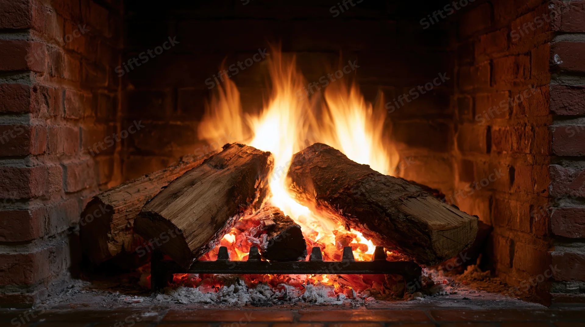 Burning wood logs on a cast iron grate inside a brick fireplace