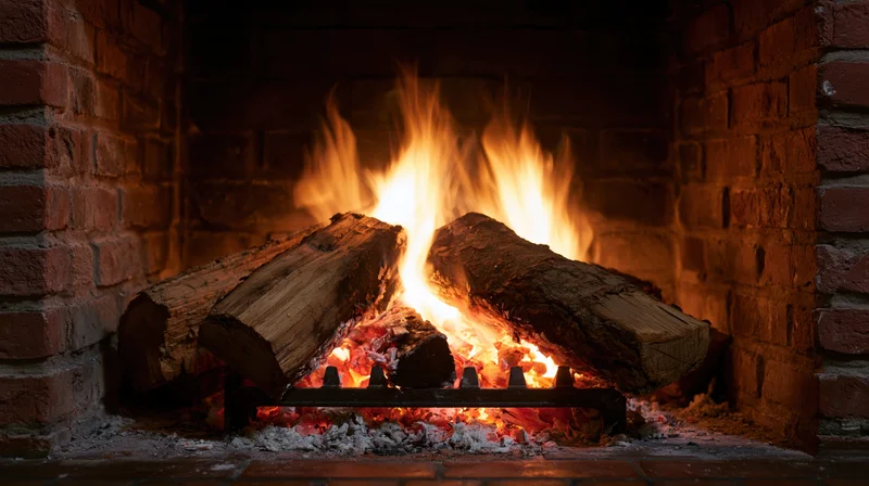 Burning wood logs on a cast iron grate inside a brick fireplace