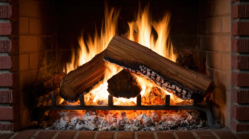 Burning wood logs on a cast iron grate inside a brick fireplace