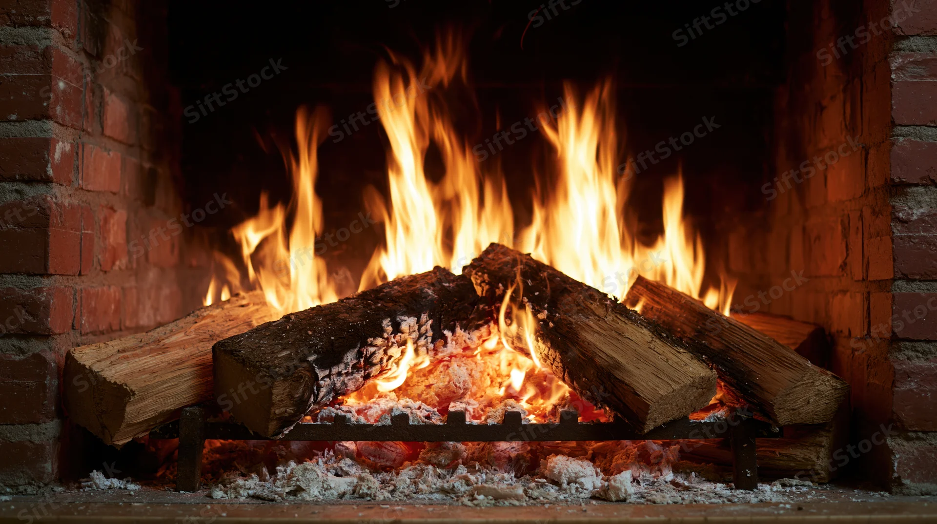 Burning wood logs on a cast iron grate inside a brick fireplace
