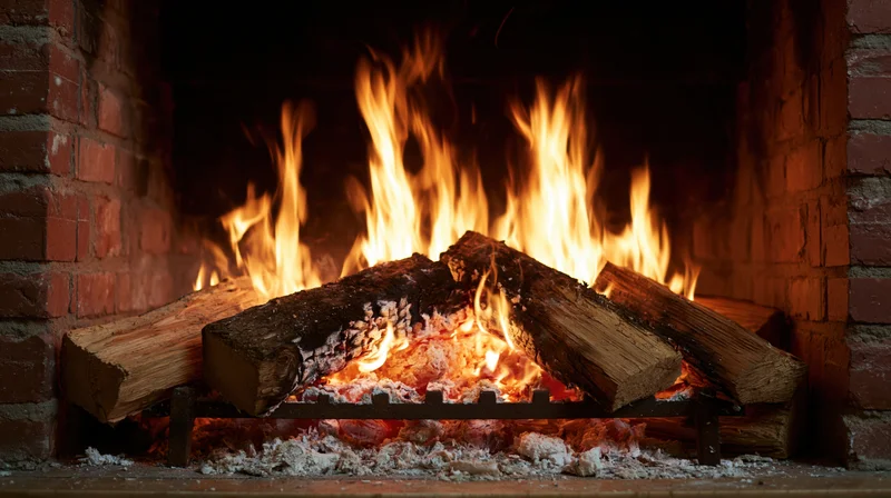 Burning wood logs on a cast iron grate inside a brick fireplace