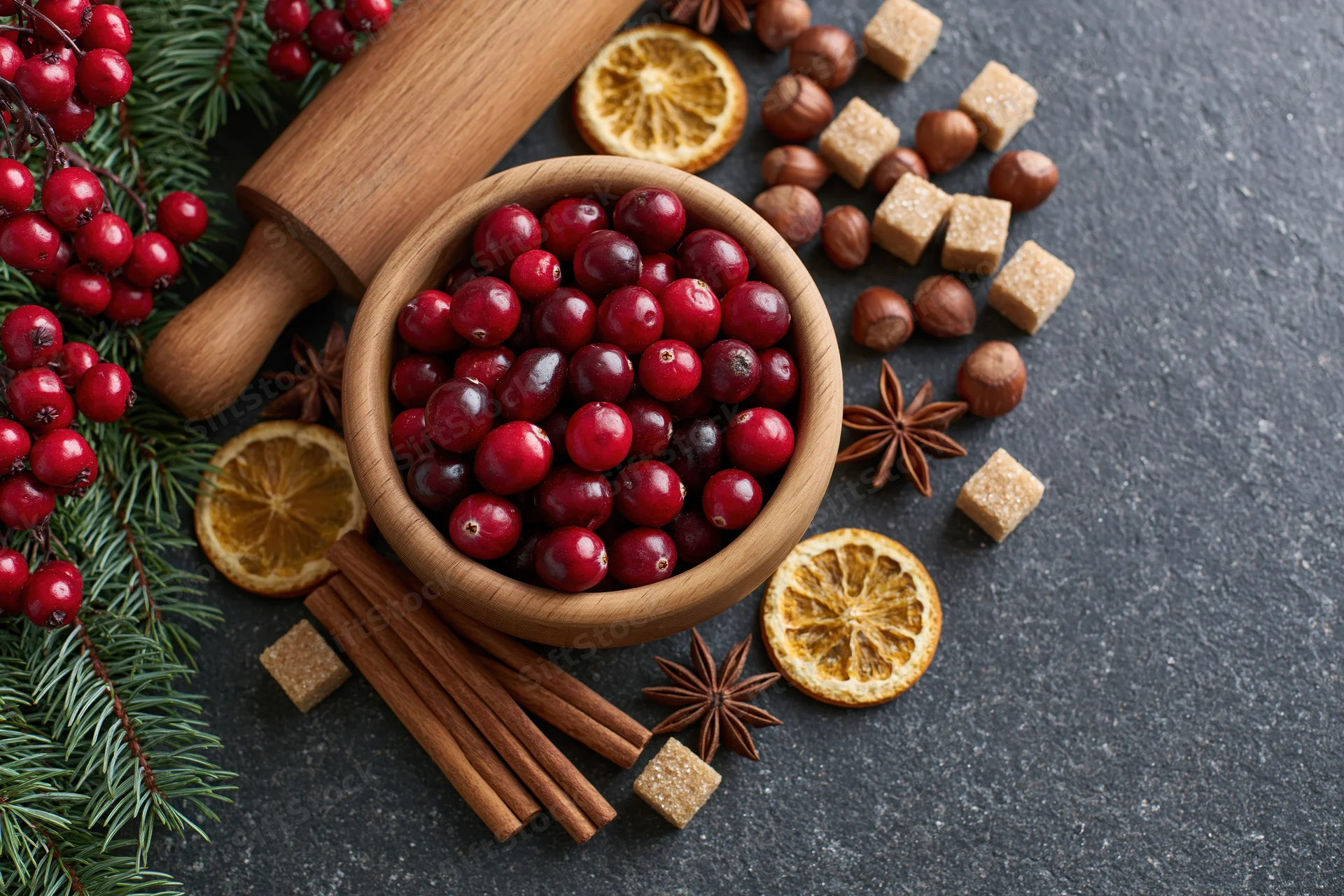 Wooden bowl filled with fresh cranberries surrounded by cinnamon sticks, star anise, dried orange slices, hazelnuts, sugar cubes, and pine branches on dark surface