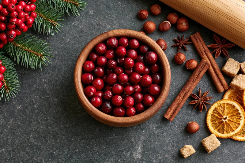 Wooden bowl filled with fresh cranberries surrounded by cinnamon sticks, star anise, hazelnuts, dried orange slices, and pine branches on dark surface