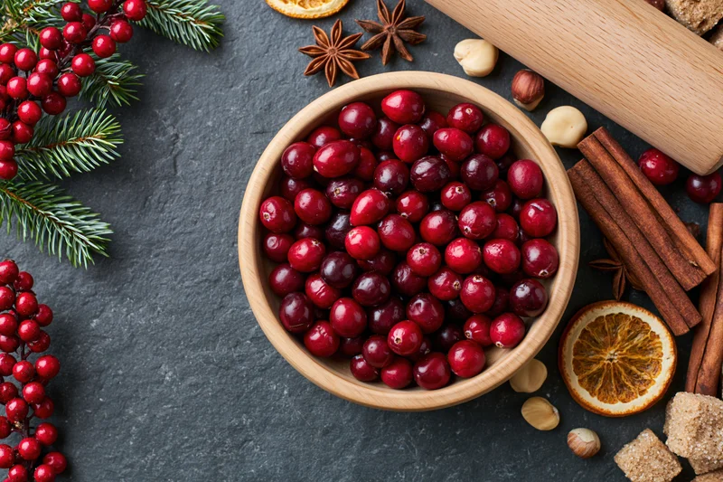 Wooden bowl filled with fresh cranberries surrounded by holiday decorations and baking ingredients on dark slate surface