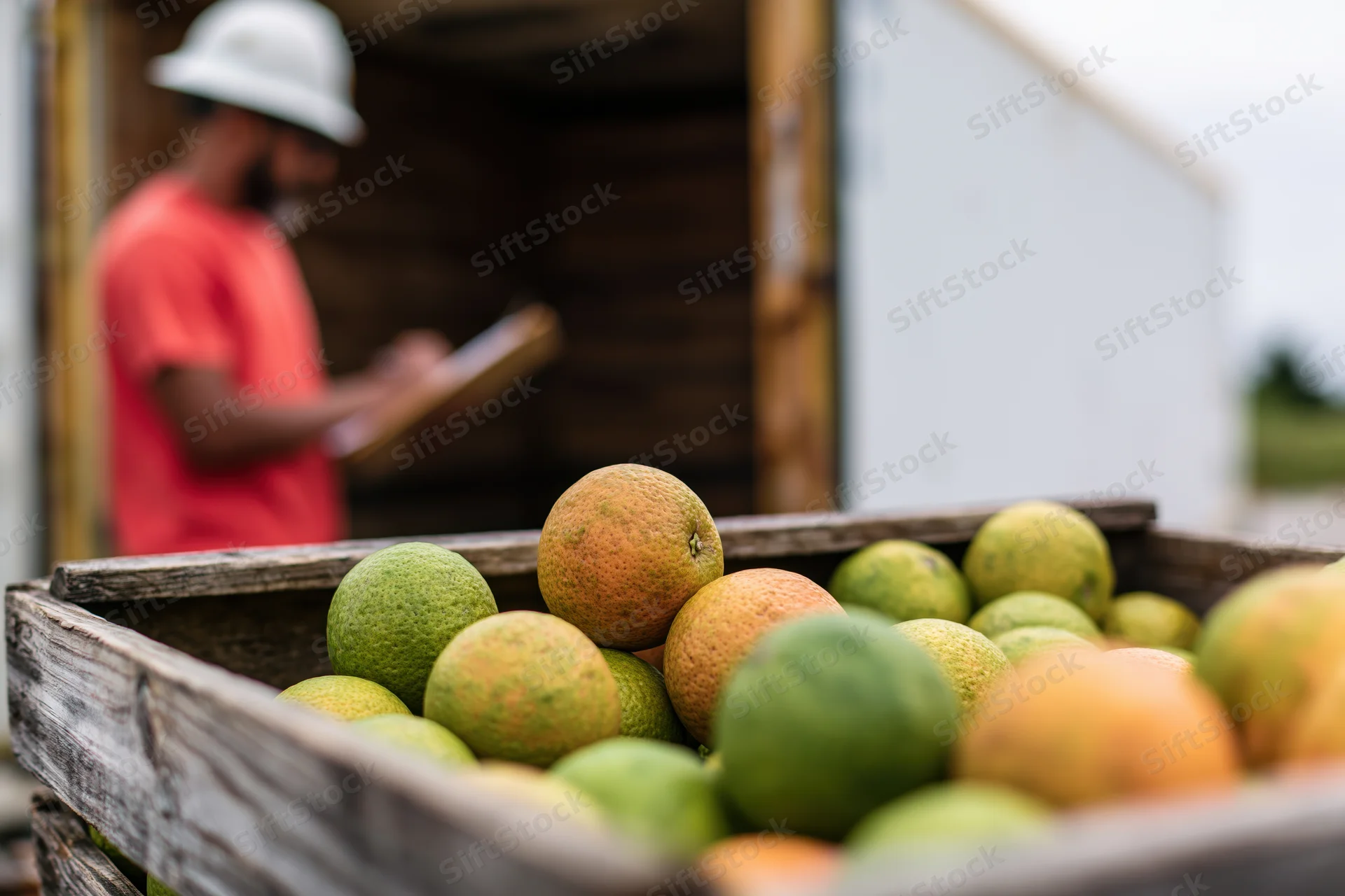 Wooden crate filled with green and orange citrus fruits in foreground with farm worker inspecting clipboard in background