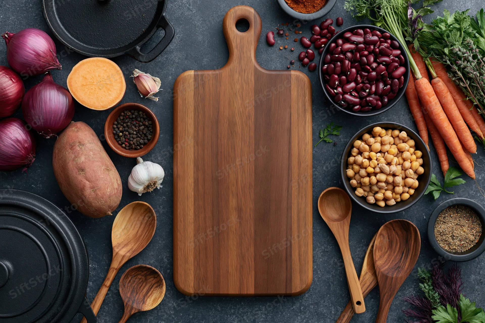 Wooden cutting board centered on dark slate surface surrounded by fresh vegetables, legumes, herbs, spices, and kitchen tools in overhead flat lay arrangement