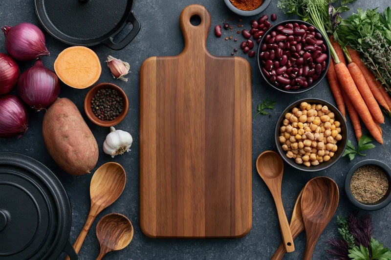 Wooden cutting board centered on dark slate surface surrounded by fresh vegetables, legumes, herbs, spices, and kitchen tools in overhead flat lay arrangement