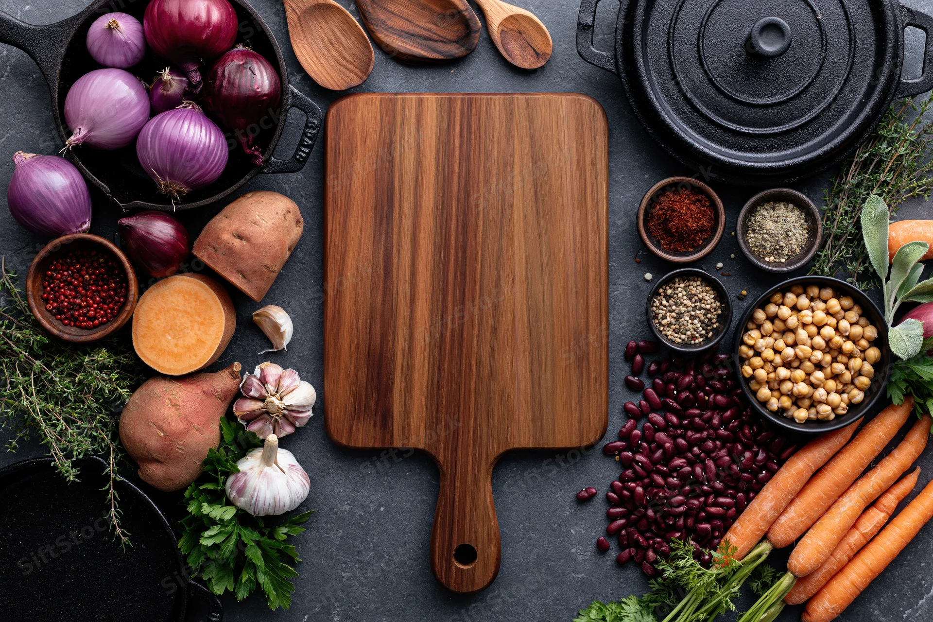 Wooden cutting board centered on dark slate surface surrounded by fresh vegetables, herbs, beans, spices, and kitchen tools in overhead flat lay arrangement