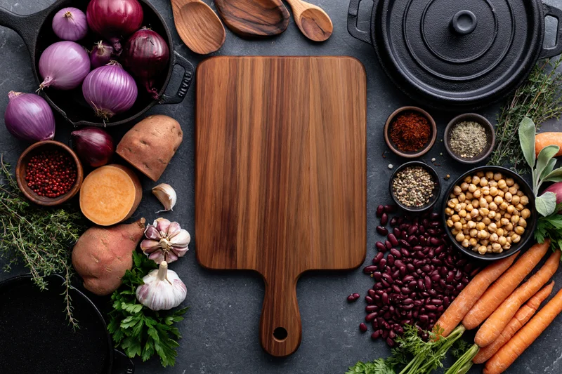 Wooden cutting board centered on dark slate surface surrounded by fresh vegetables, herbs, beans, spices, and kitchen tools in overhead flat lay arrangement