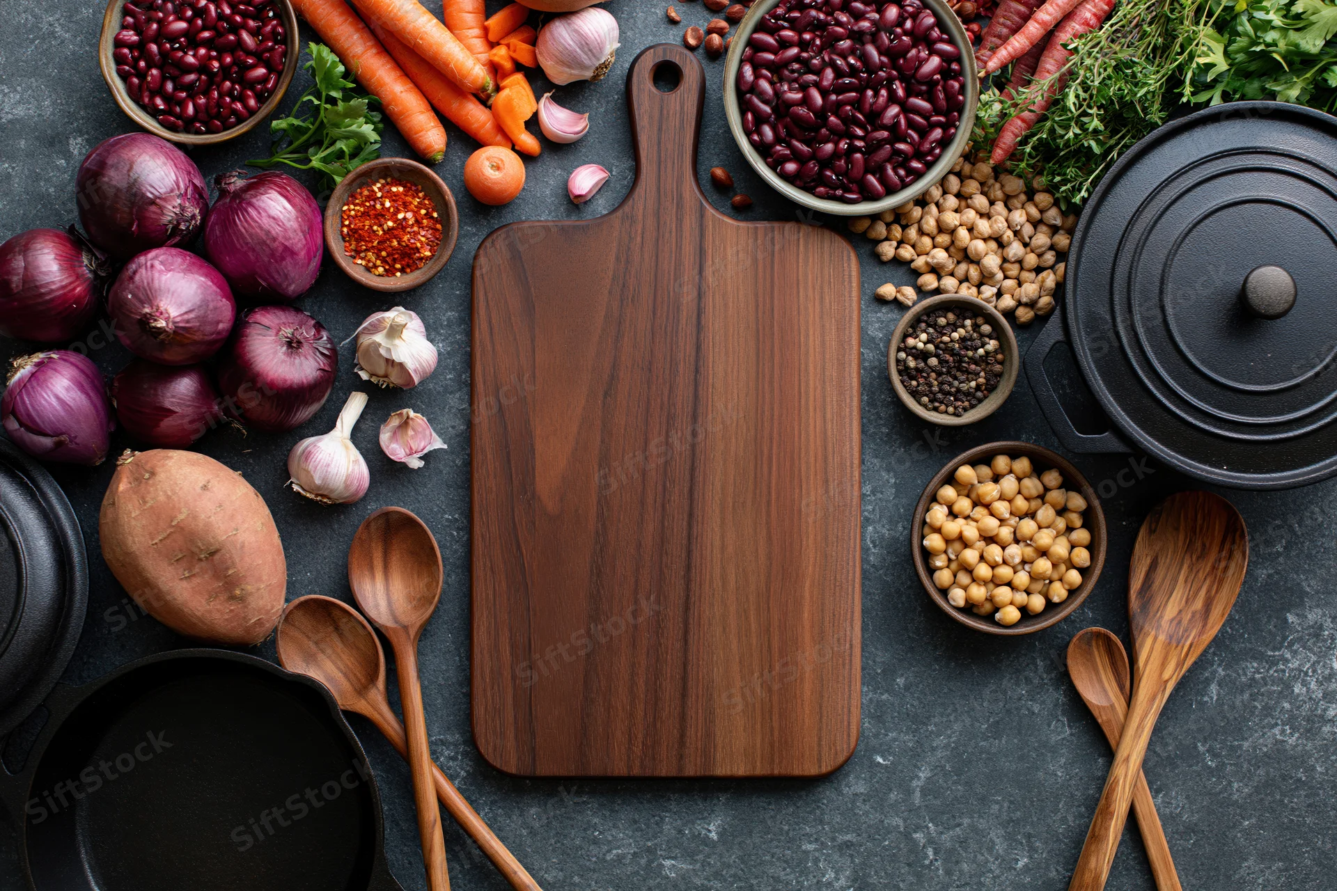 Wooden cutting board surrounded by vegetables, legumes, herbs, and kitchen tools on dark slate surface