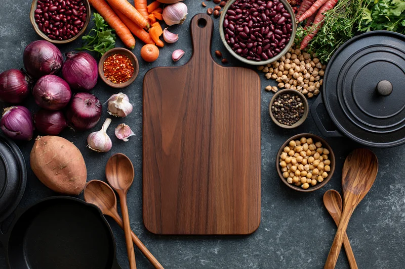 Wooden cutting board surrounded by vegetables, legumes, herbs, and kitchen tools on dark slate surface