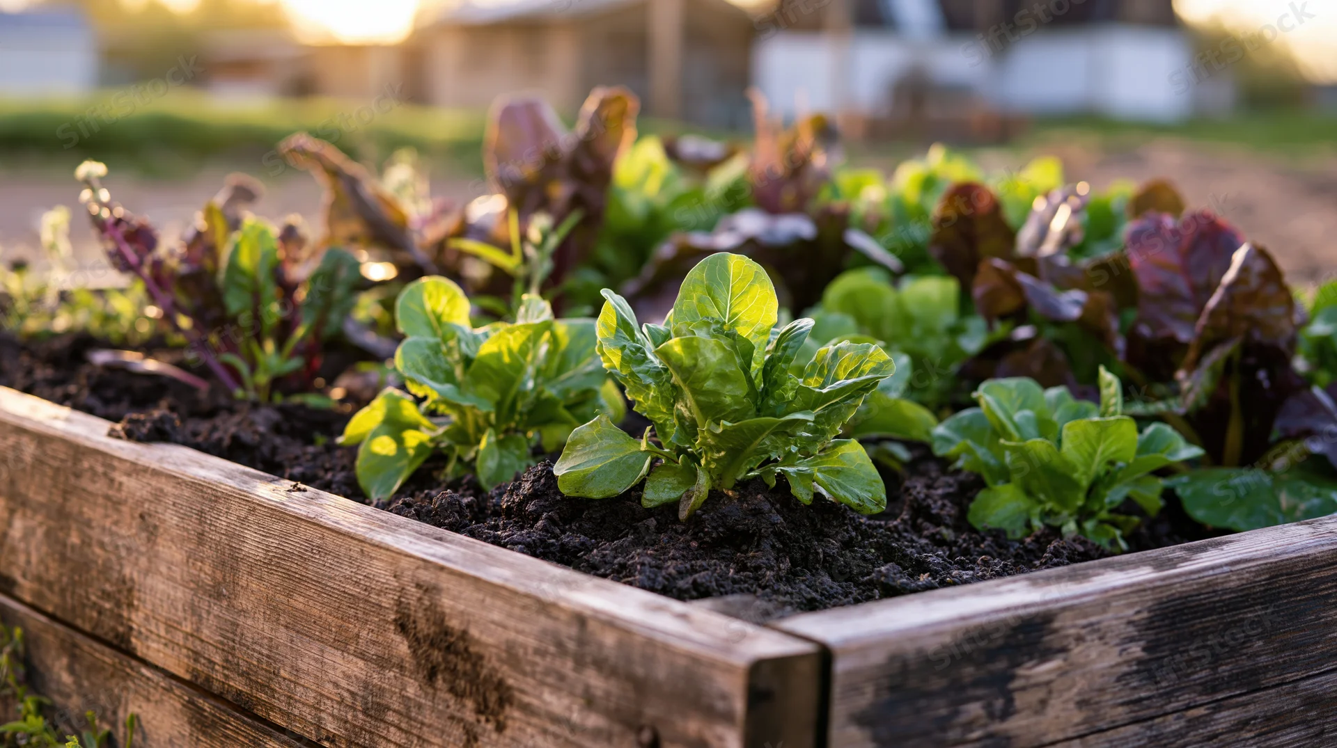Young lettuce and chard growing in a wooden raised garden bed outdoors