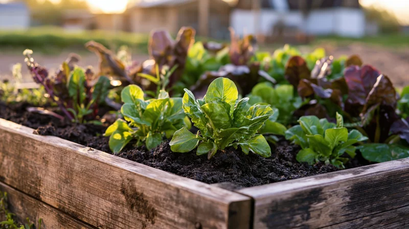 Young lettuce and chard growing in a wooden raised garden bed outdoors