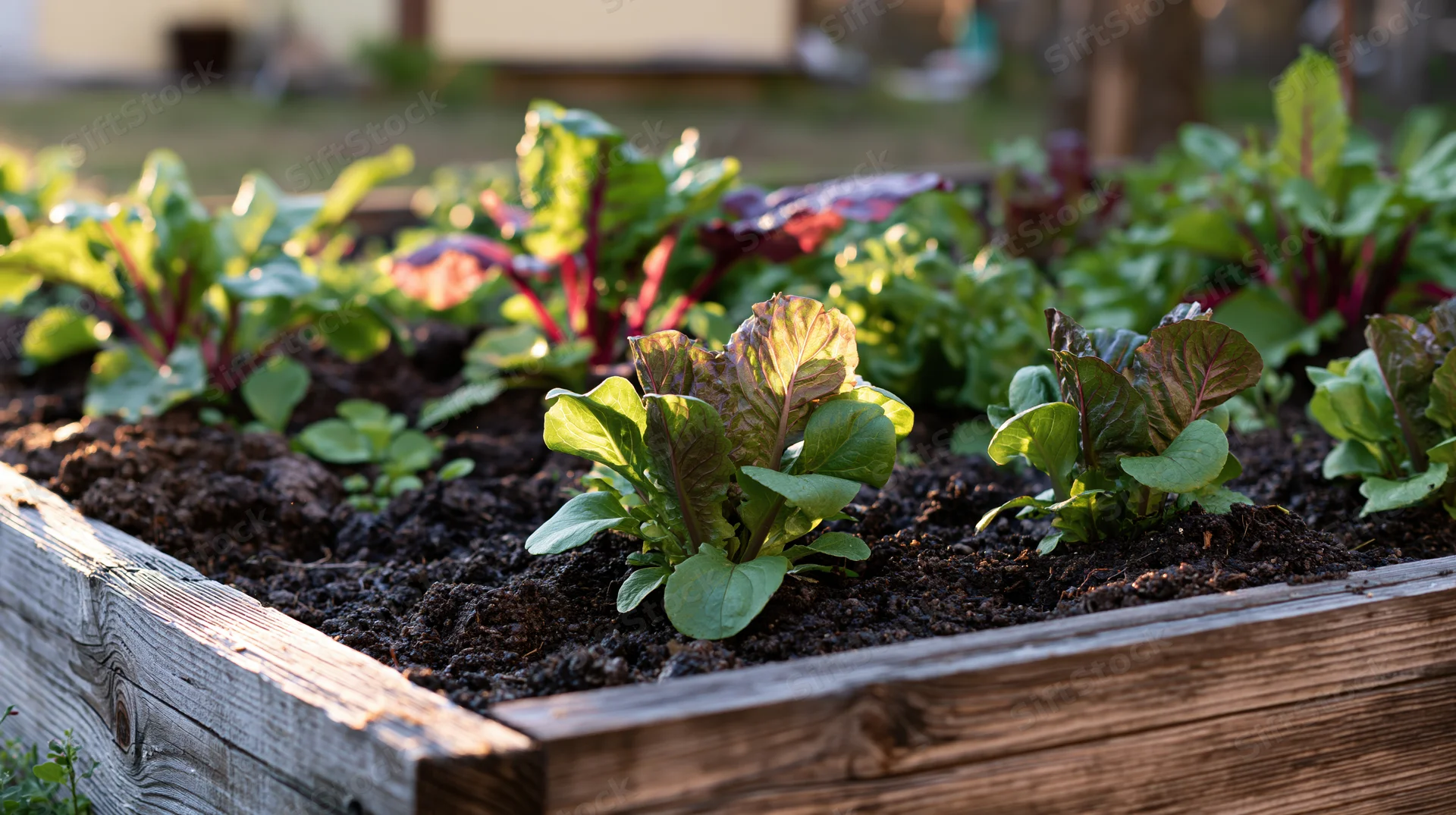 Young lettuce and chard growing in a wooden raised garden bed outdoors