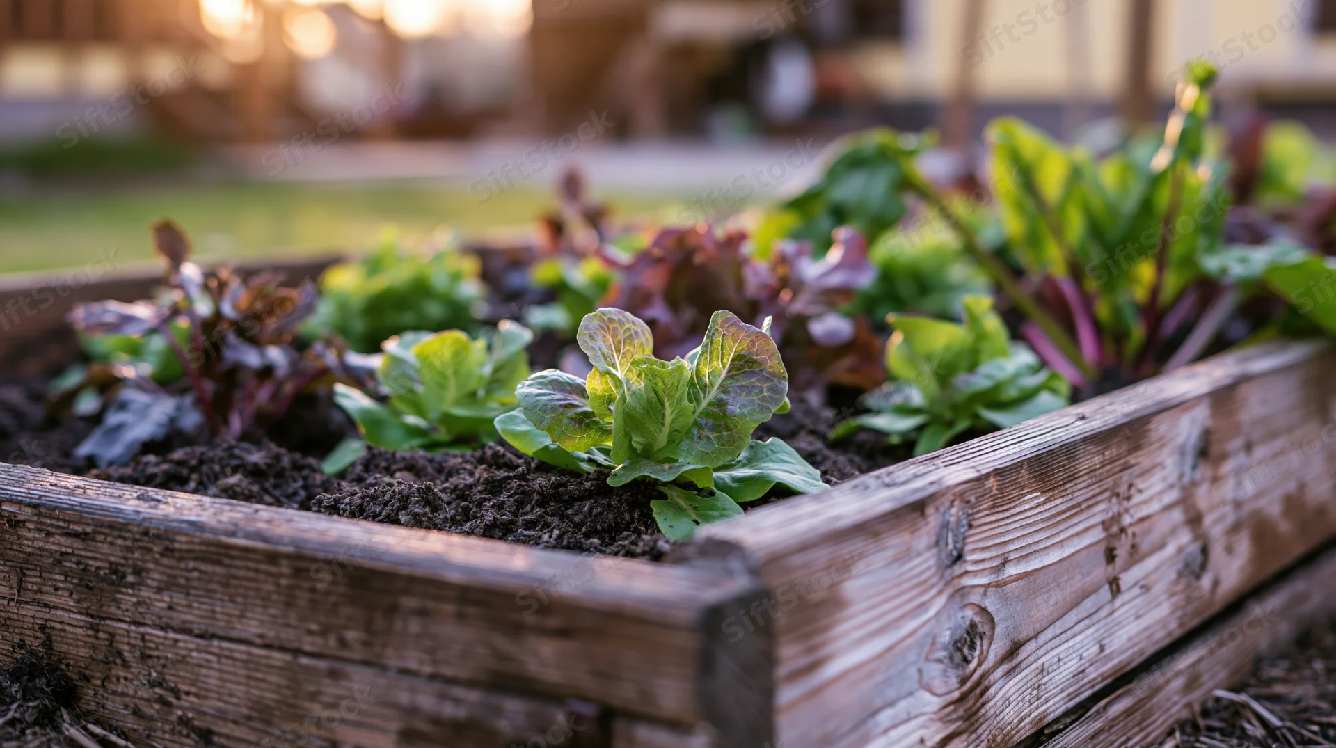 Young lettuce and chard growing in a wooden raised garden bed outdoors