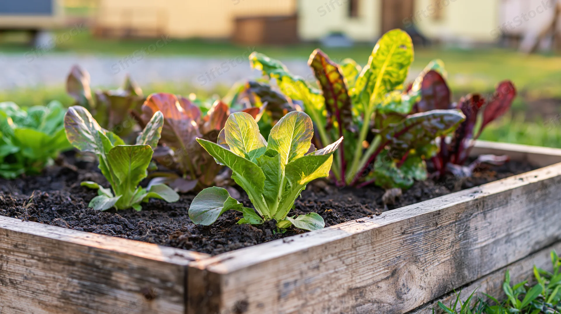 Young lettuce and chard growing in a wooden raised garden bed outdoors