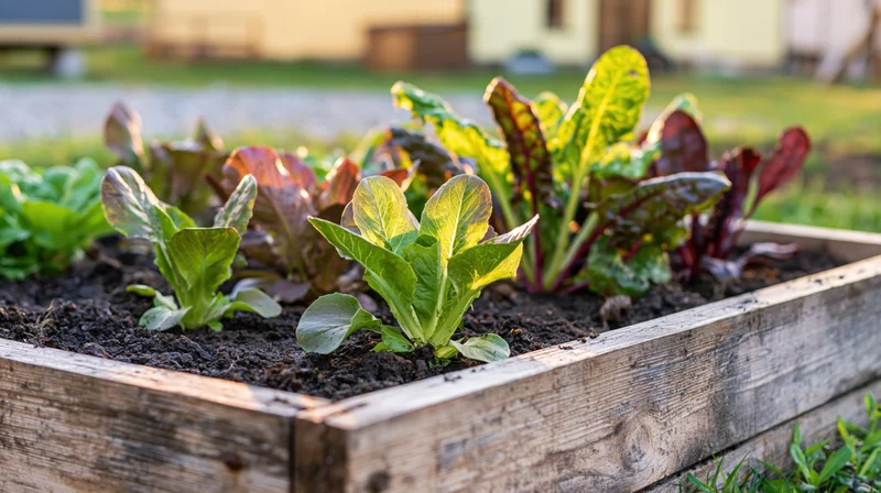 Young lettuce and chard growing in a wooden raised garden bed outdoors
