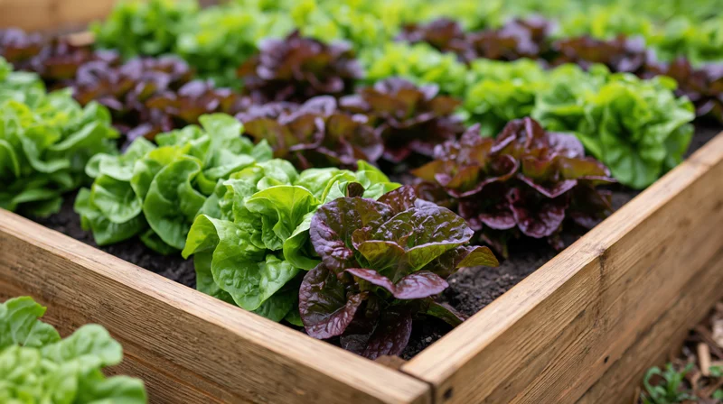 Rows of green and purple lettuce growing in a wooden raised garden bed