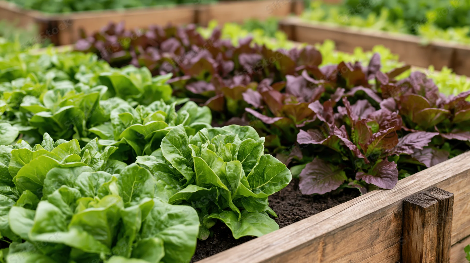 Rows of green and purple lettuce growing in wooden raised garden beds outdoors