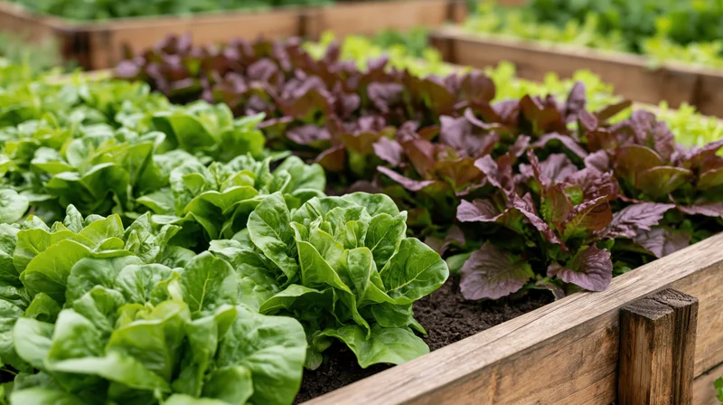 Rows of green and purple lettuce growing in wooden raised garden beds outdoors