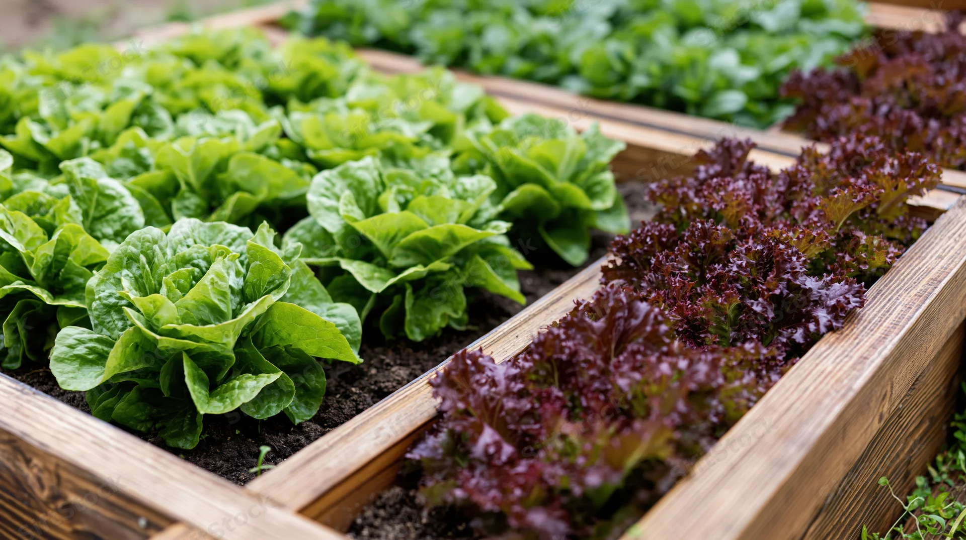 Rows of green and red lettuce growing in wooden raised garden beds outdoors