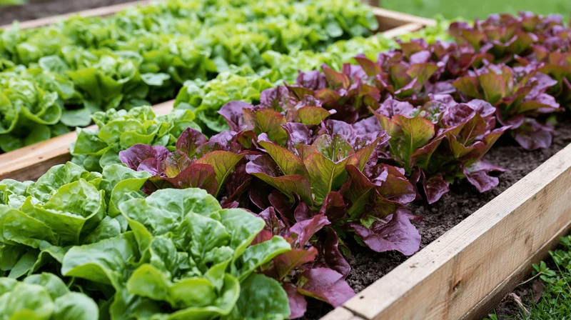 Rows of green and red lettuce growing in wooden raised garden beds outdoors