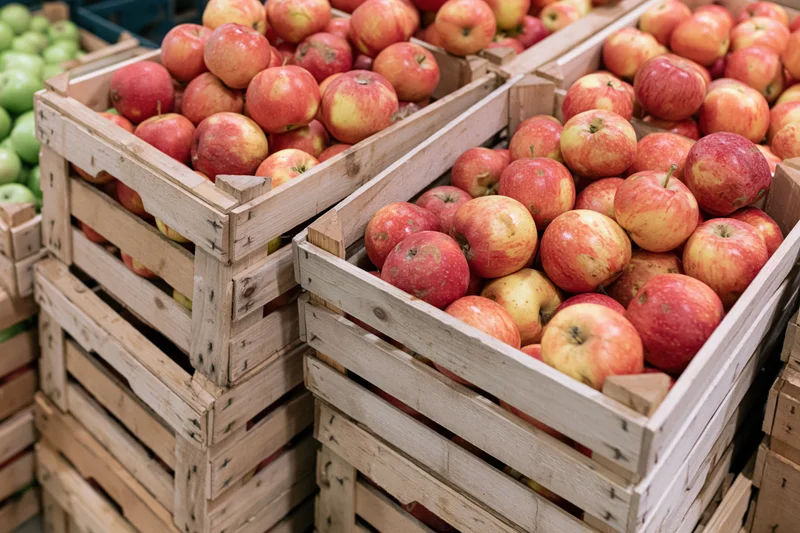 Red and yellow apples in wooden crates stacked at a market display