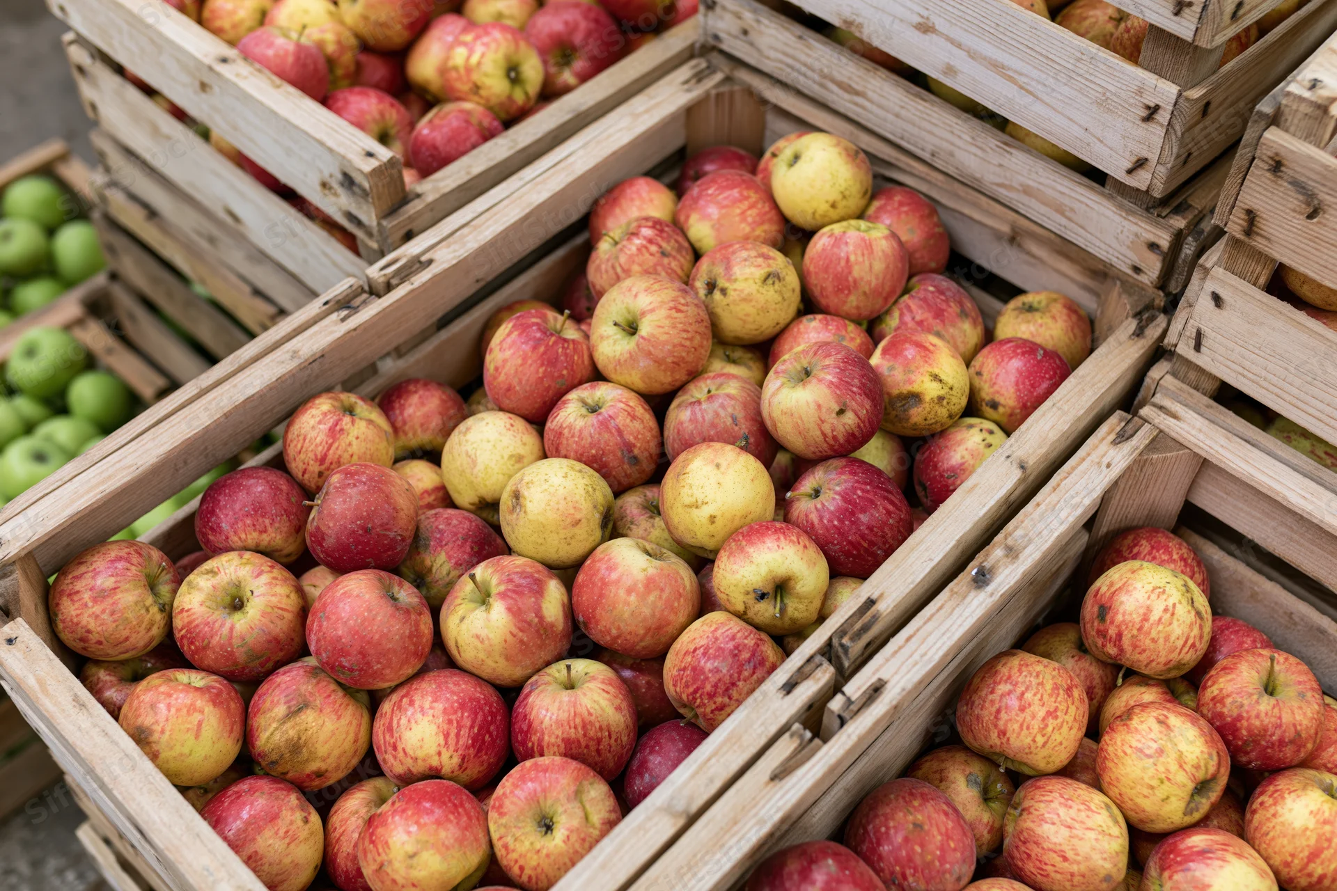 Red and yellow apples in wooden crates at a farm market