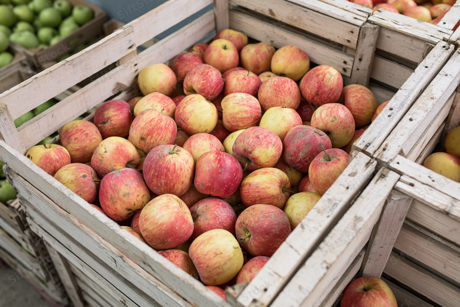 Red and yellow apples in wooden slatted crates at a farm market display