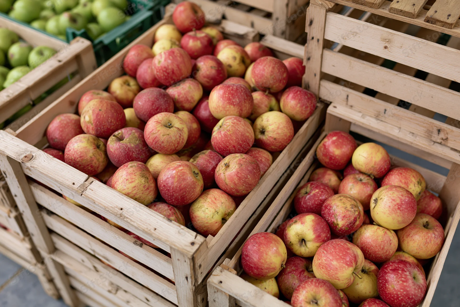 Red and yellow apples in wooden slatted crates at a farm market display
