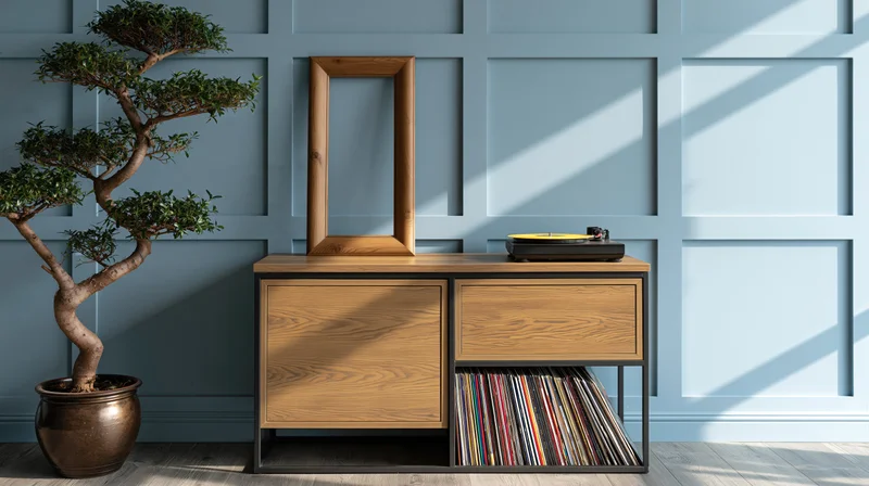 Wooden sideboard with black metal frame holding a turntable and vinyl records, beside a bonsai tree against a blue paneled wall