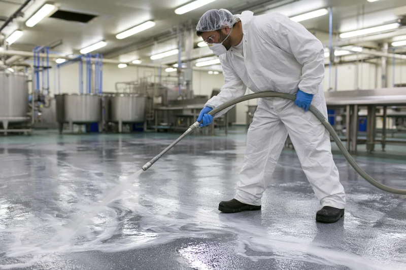 Worker in white protective suit using pressure hose to clean factory floor