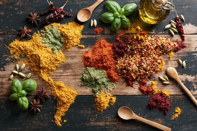 World map shaped from colorful ground spices arranged on dark wooden surface with herbs and spoons