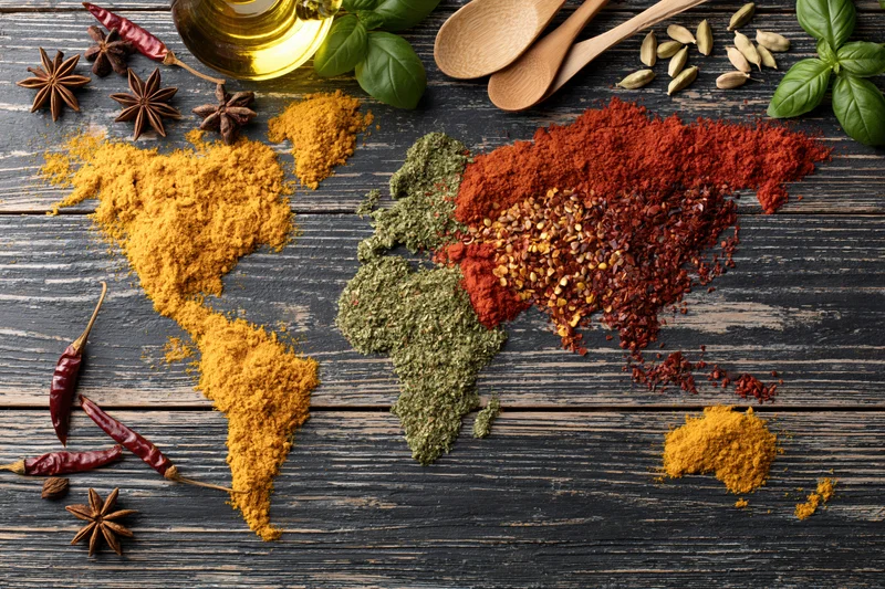 World map shaped from colorful ground spices arranged on dark wooden surface