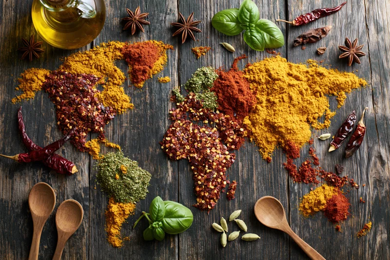 World map formed from colorful ground spices arranged on dark wooden table with herbs and wooden spoons