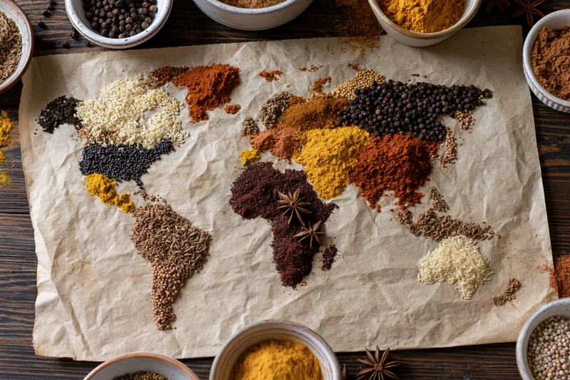 World map made from various spices arranged on parchment paper on wooden table with bowls of spices around