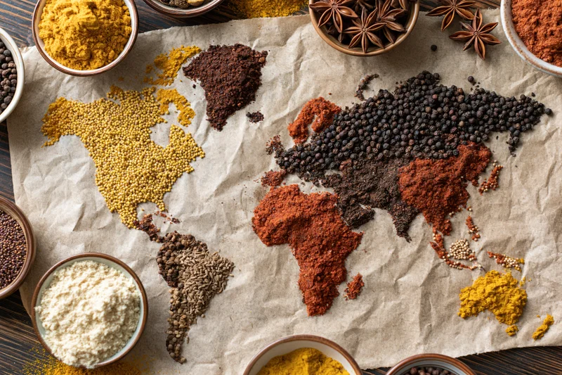 World map made from various spices arranged on crumpled paper with bowls around