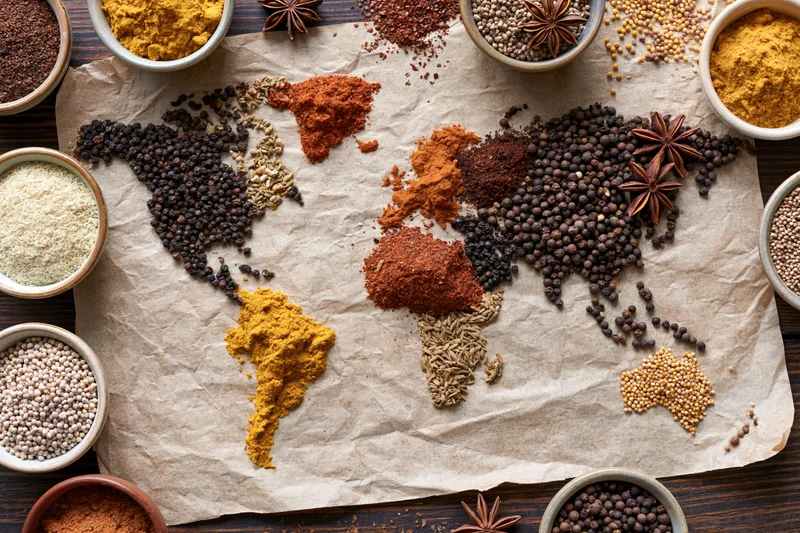 World map formed from various spices arranged on crumpled paper with bowls around it
