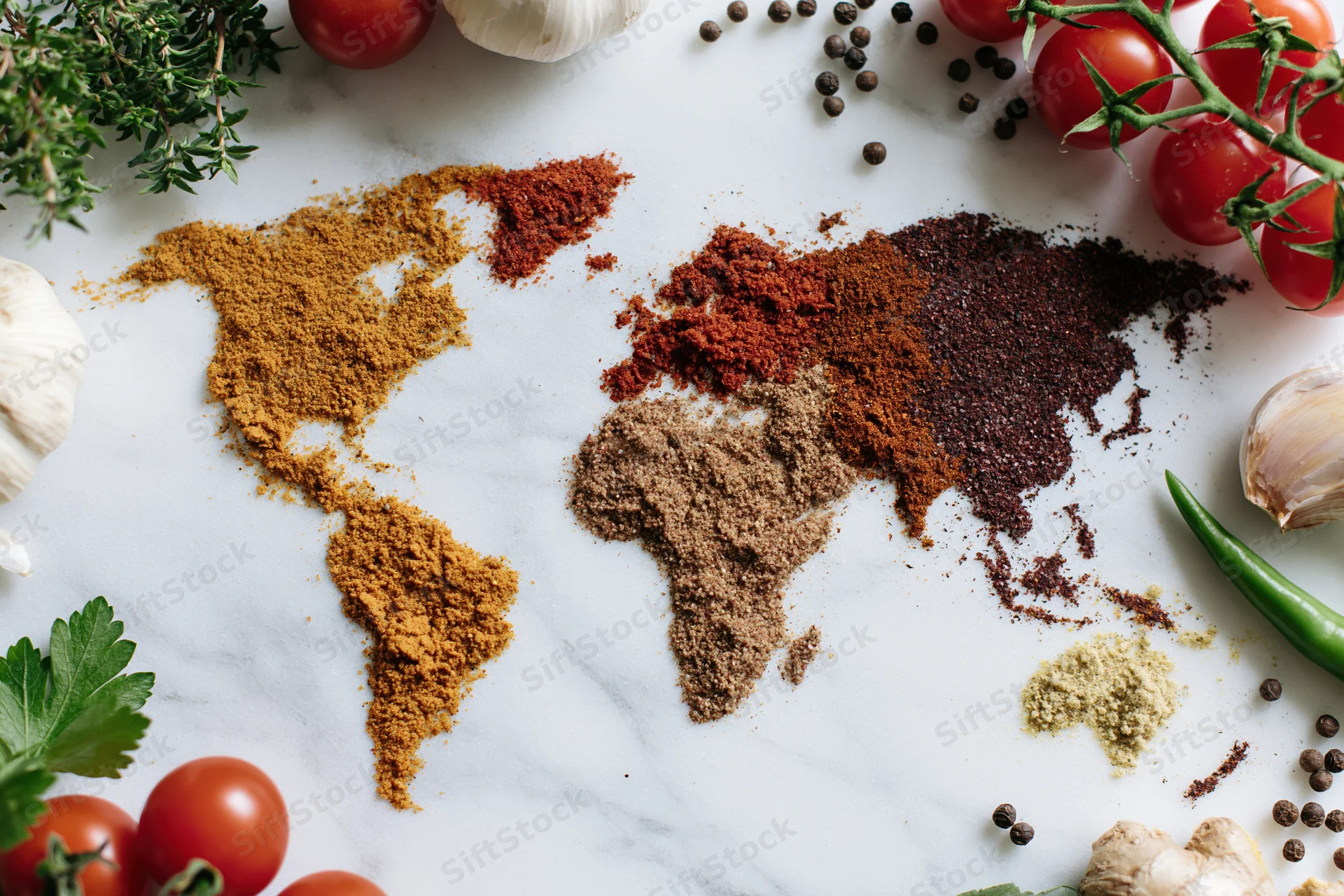 World map formed from ground spices arranged on marble surface surrounded by fresh herbs and vegetables