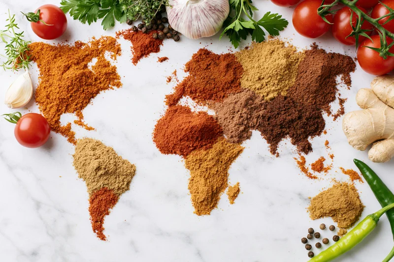 World map formed from ground spices arranged on marble surface surrounded by fresh herbs and vegetables